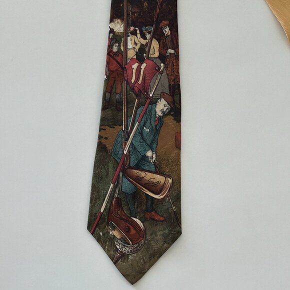 Polo By Ralph Lauren Golf Scene Neck Tie Gold Multicolor Silk Hand Made USA VTG - Picture 3 of 16